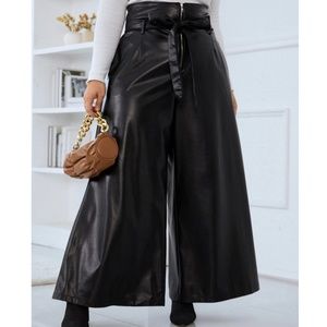 Plus black Vegan Leather Zip Wide leg Pants